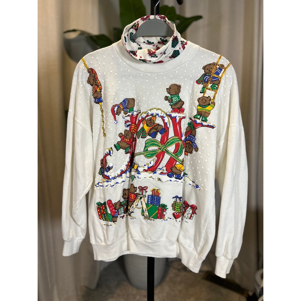 Vintage Land'n Sea Christmas Teddy Bear Joy Sweatshirt White Medium Made in USA